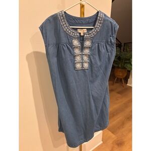 Knox Rose Blue Denim Embroidered Split Neck Sleeveless Shift Dress Womens Large